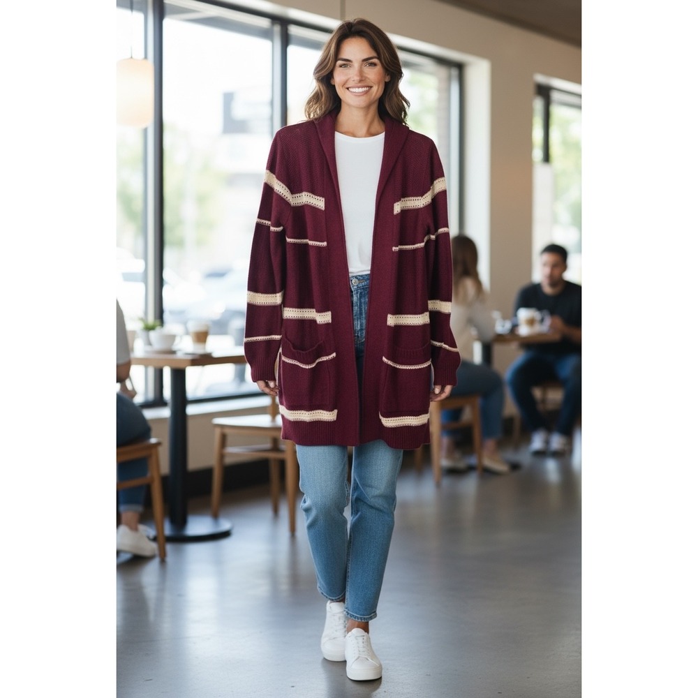 Lety & Me Burgundy & Cream Striped, Open Front Cardigan Sweater, Pockets, Hooded